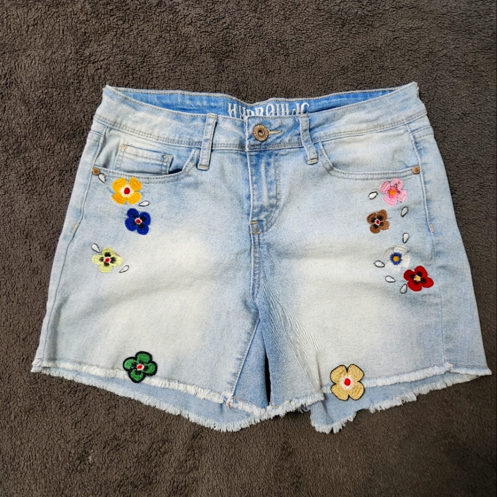 Hydraulic Light Blue Jean Shorts with Floral Embroidery
